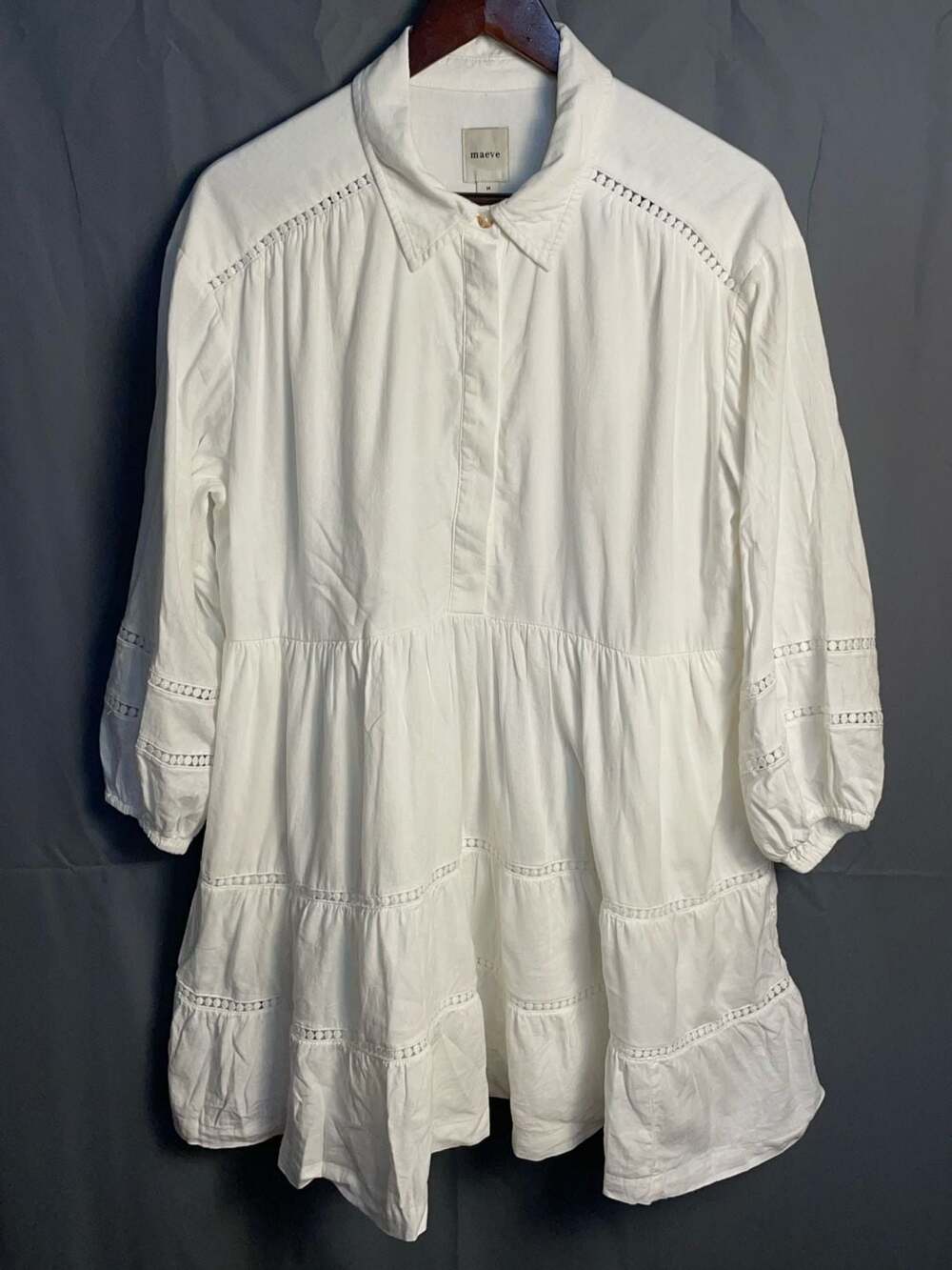 Anthropologie Maeve The Bettina Linen Blend Tiered Mini Shirt Dress White M